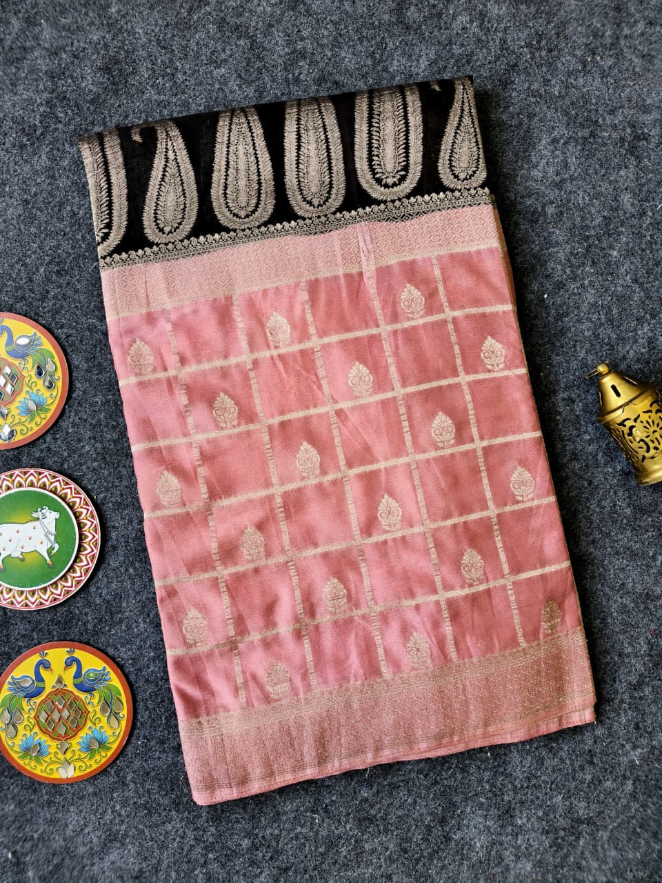 Pretty Pink and Black Banarasi Viscose Georgette Silk Saree With Whimsical Blouse Piece