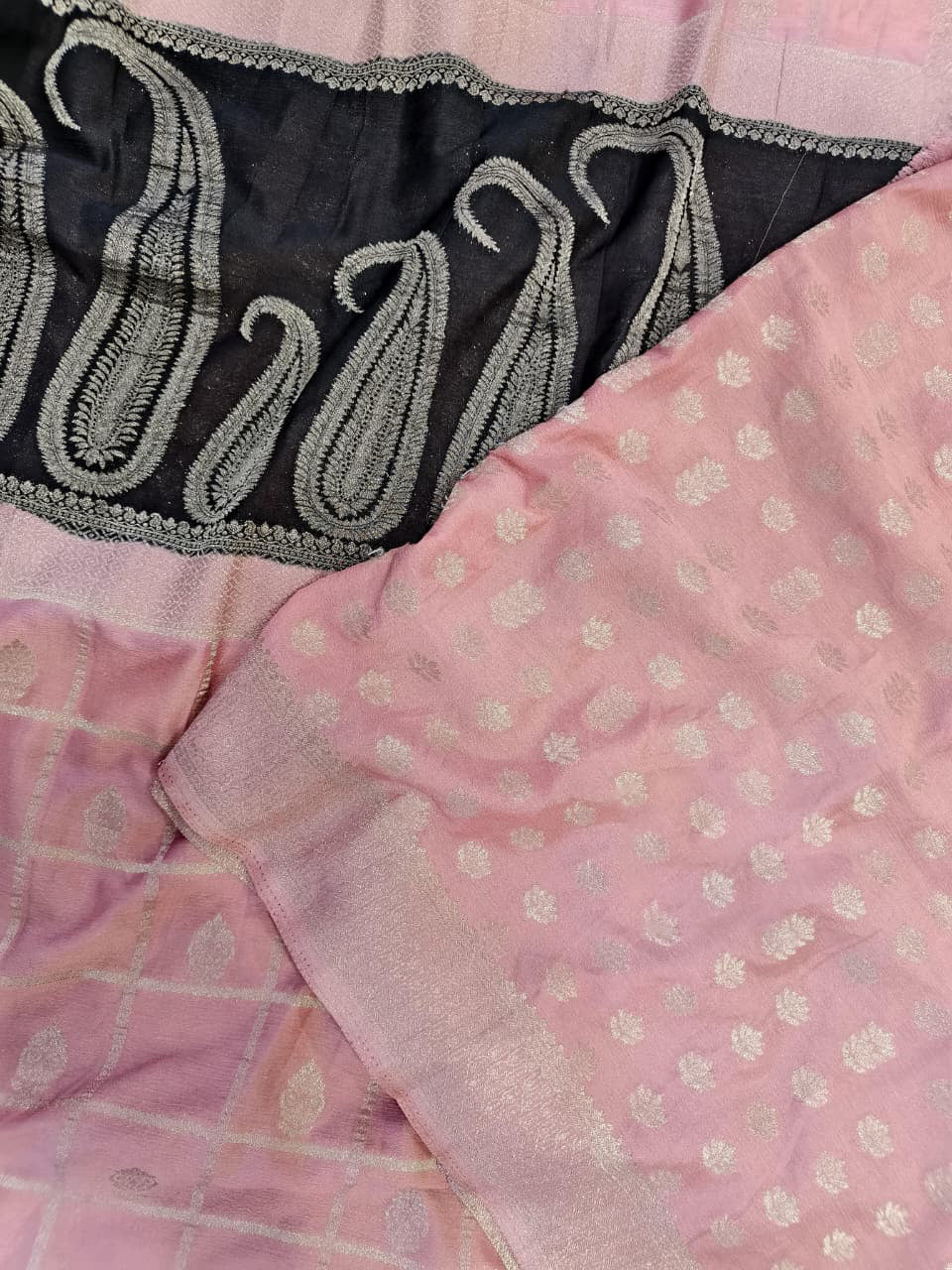 Pretty Pink and Black Banarasi Viscose Georgette Silk Saree With Whimsical Blouse Piece