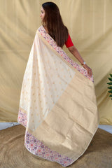 Unique Off White Pure Zari Weaving Banarasi Silk Saree With Girlish Blouse Piece