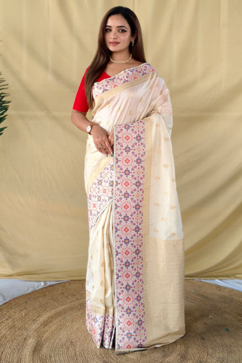 Unique Off White Pure Zari Weaving Banarasi Silk Saree With Girlish Blouse Piece