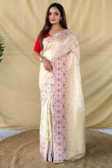 Unique Off White Pure Zari Weaving Banarasi Silk Saree With Girlish Blouse Piece