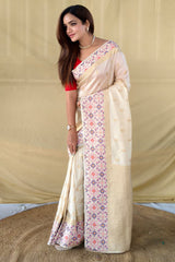 Unique Off White Pure Zari Weaving Banarasi Silk Saree With Girlish Blouse Piece