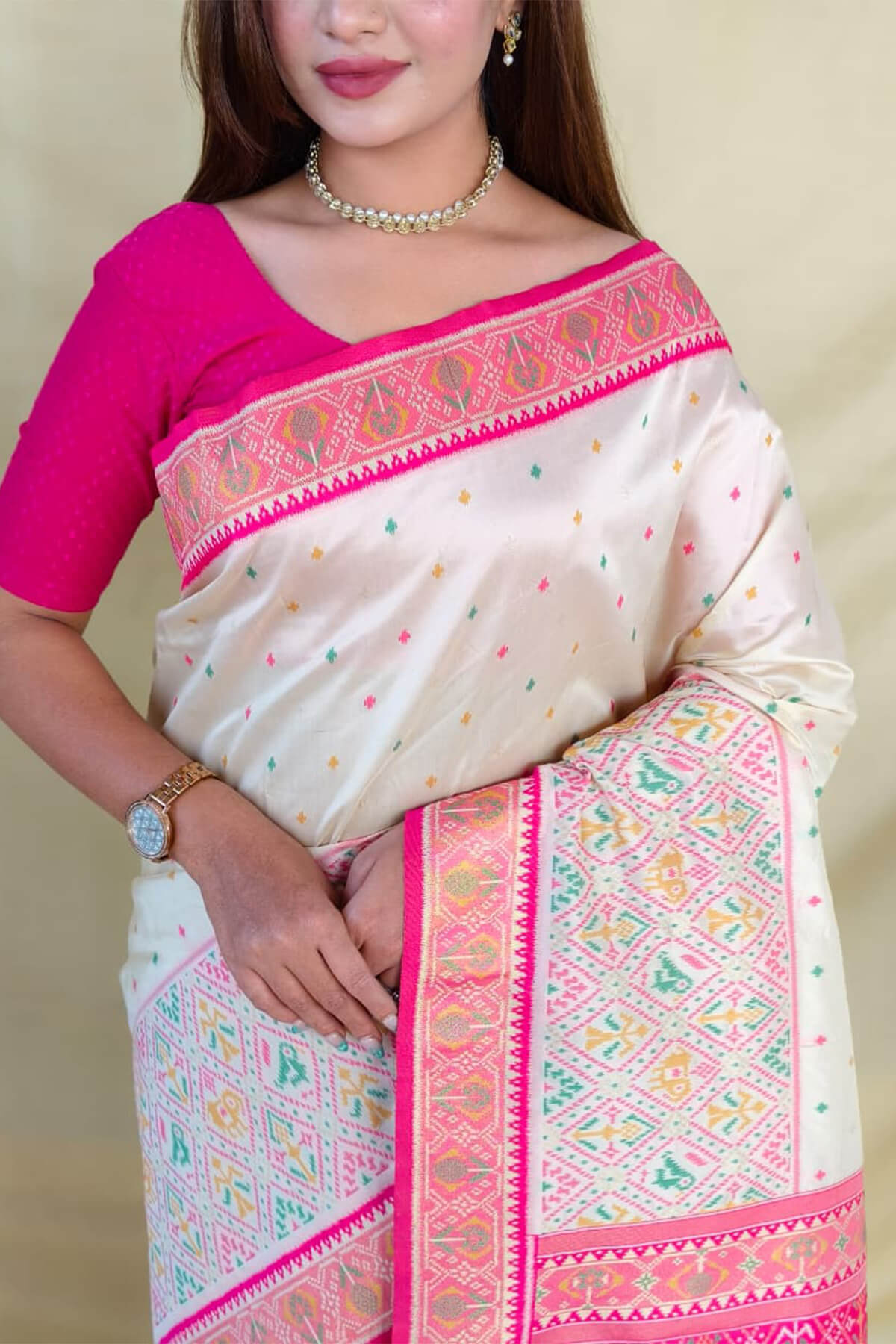 Rhapsodic Beige Pure Zari Weaving Banarasi Silk Saree With Assemblage Blouse Piece