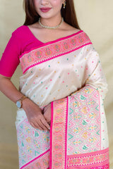 Rhapsodic Beige Pure Zari Weaving Banarasi Silk Saree With Assemblage Blouse Piece