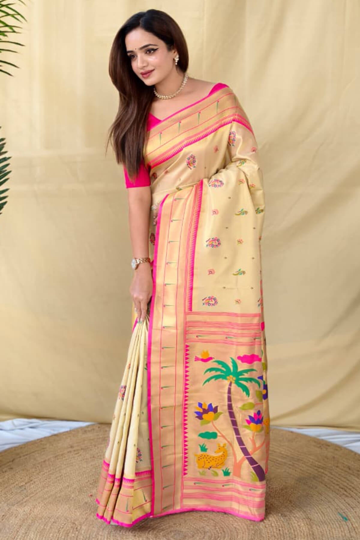 Deserving Beige Tissue Silk Paithani Saree With Ebullience Blouse Piece