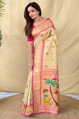 Deserving Beige Tissue Silk Paithani Saree With Ebullience Blouse Piece