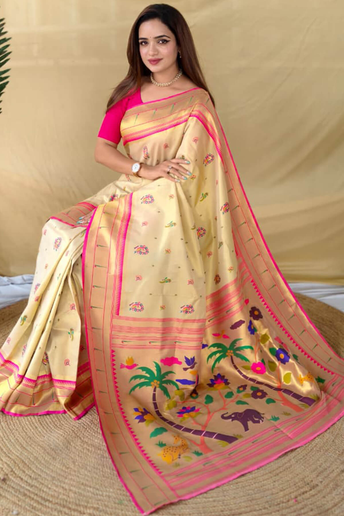 Deserving Beige Tissue Silk Paithani Saree With Ebullience Blouse Piece