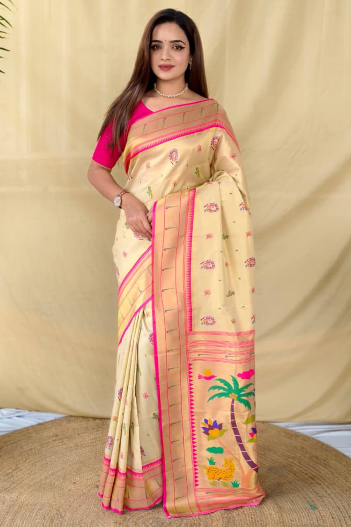 Deserving Beige Tissue Silk Paithani Saree With Ebullience Blouse Piece