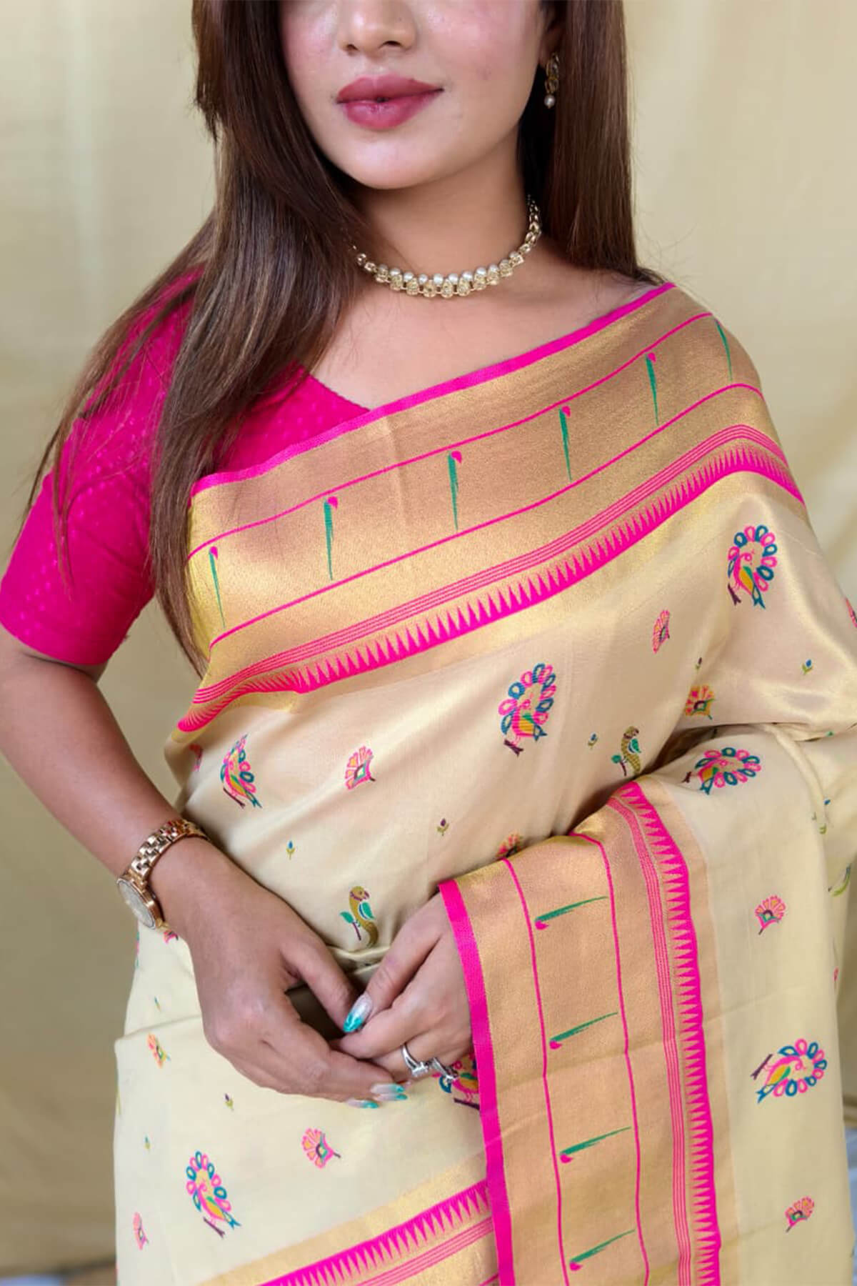 Deserving Beige Tissue Silk Paithani Saree With Ebullience Blouse Piece