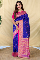 Prominent Royal Blue Pure Zari Weaving Banarasi Silk Saree With Beguiling Blouse Piece