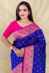 Prominent Royal Blue Pure Zari Weaving Banarasi Silk Saree With Beguiling Blouse Piece
