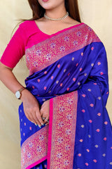 Prominent Royal Blue Pure Zari Weaving Banarasi Silk Saree With Beguiling Blouse Piece