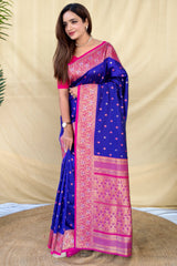 Prominent Royal Blue Pure Zari Weaving Banarasi Silk Saree With Beguiling Blouse Piece