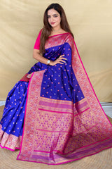 Prominent Royal Blue Pure Zari Weaving Banarasi Silk Saree With Beguiling Blouse Piece