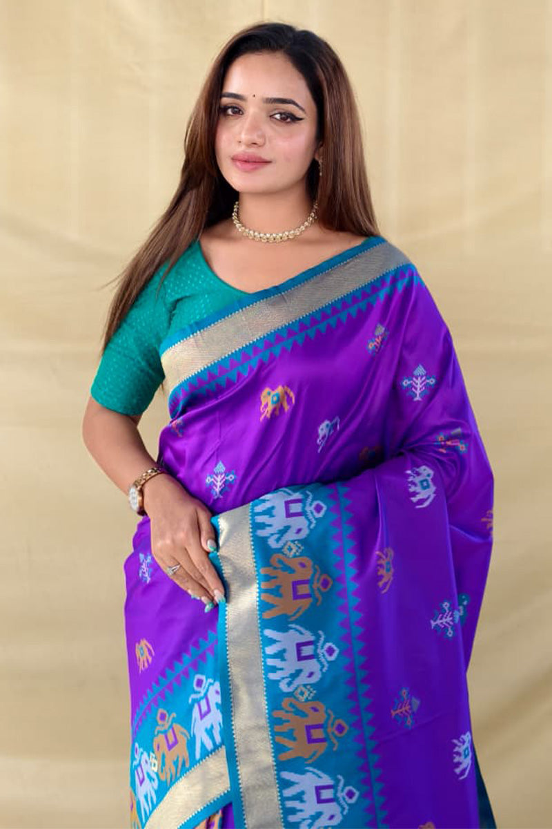 Dissemble Purple Pure Zari Weaving Banarasi Silk Saree With Elaborate Blouse Piece
