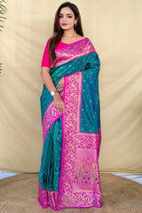 Captivating Rama Pure Zari Weaving Banarasi Silk Saree With Bewitching Blouse Piece