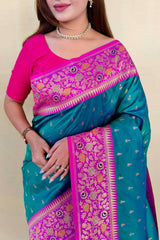 Captivating Rama Pure Zari Weaving Banarasi Silk Saree With Bewitching Blouse Piece
