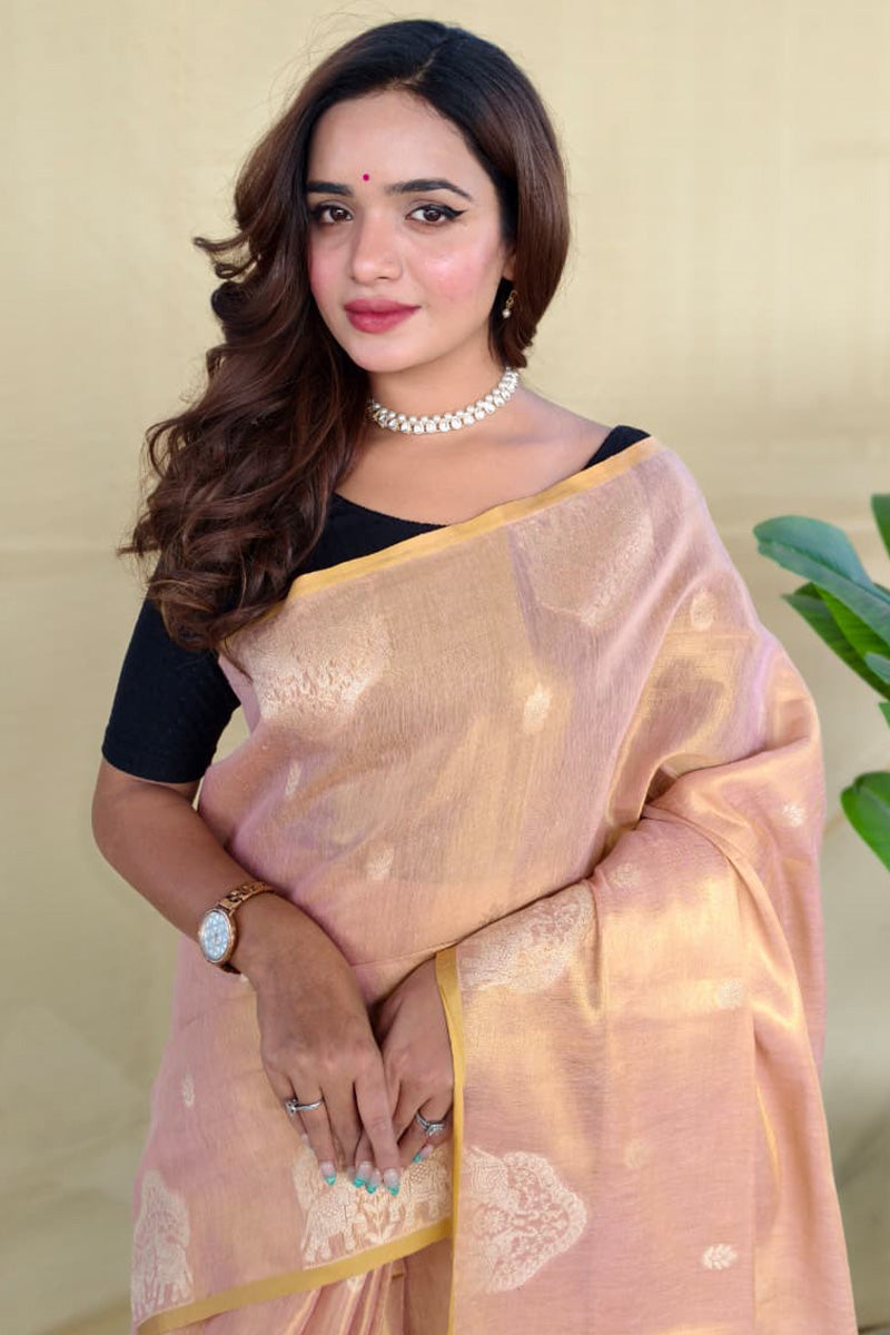 Pulsating Baby Pink Banarasi Tissue Silk Saree With Propinquity Blouse Piece