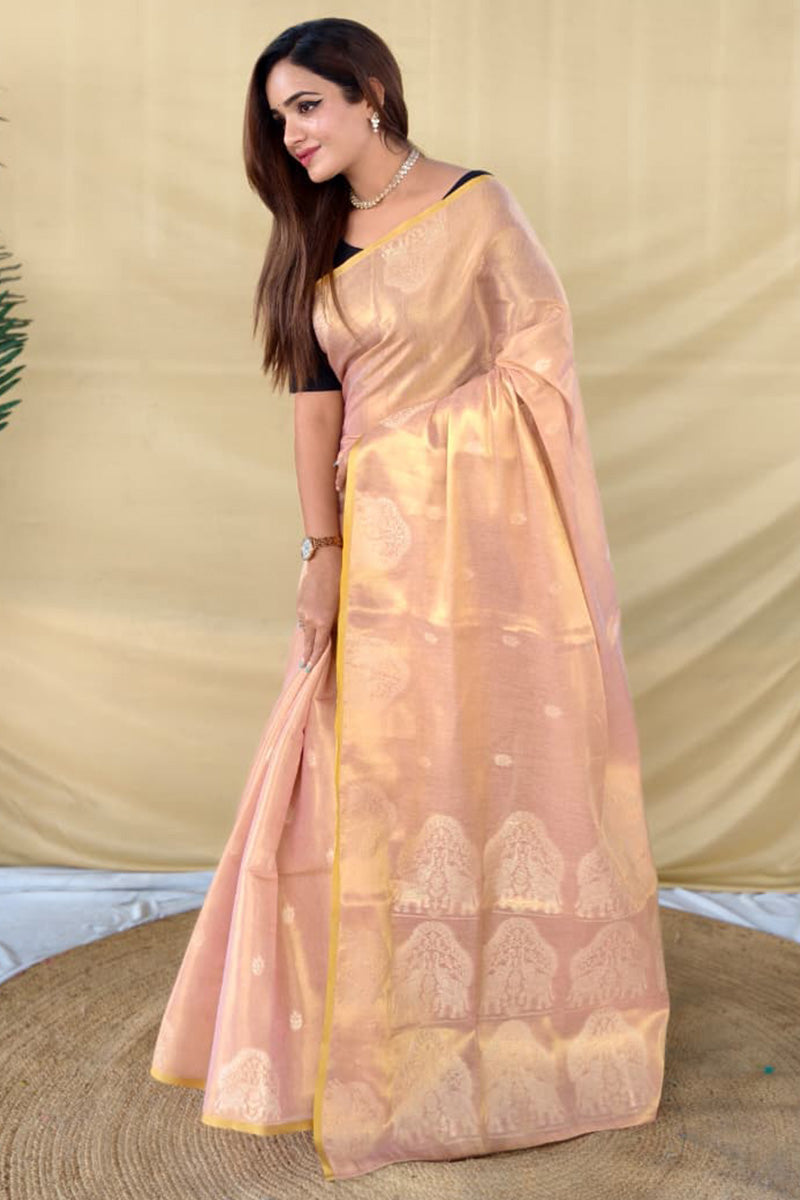 Pulsating Baby Pink Banarasi Tissue Silk Saree With Propinquity Blouse Piece