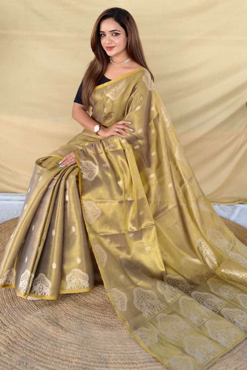 Luxuriant Dark Beige Banarasi Tissue Silk Saree With Bucolic Blouse Piece