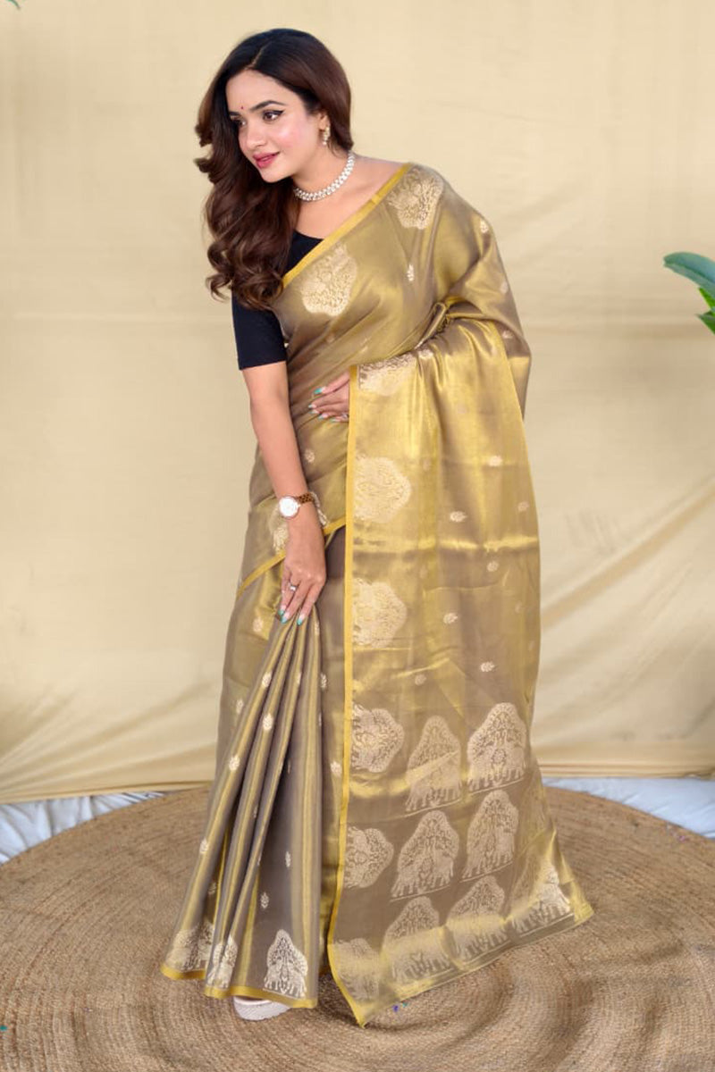 Luxuriant Dark Beige Banarasi Tissue Silk Saree With Bucolic Blouse Piece