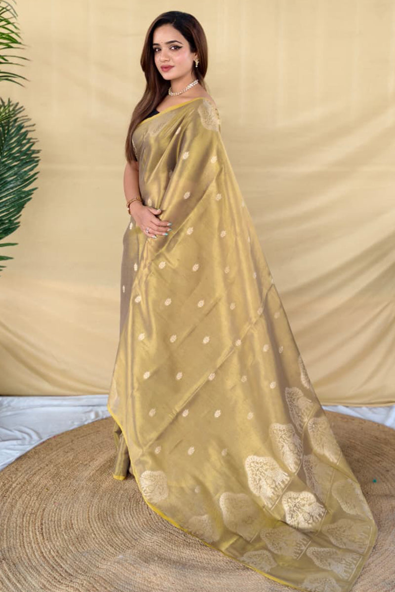 Luxuriant Dark Beige Banarasi Tissue Silk Saree With Bucolic Blouse Piece