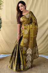 Murmurous Mehndi Banarasi Tissue Silk Saree With Chatoyant Blouse Piece