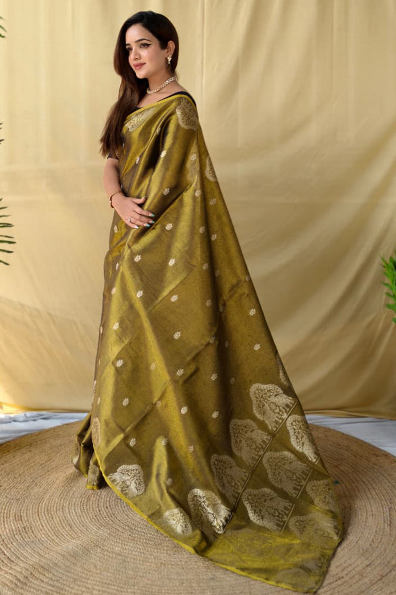 Murmurous Mehndi Banarasi Tissue Silk Saree With Chatoyant Blouse Piece