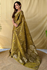 Murmurous Mehndi Banarasi Tissue Silk Saree With Chatoyant Blouse Piece