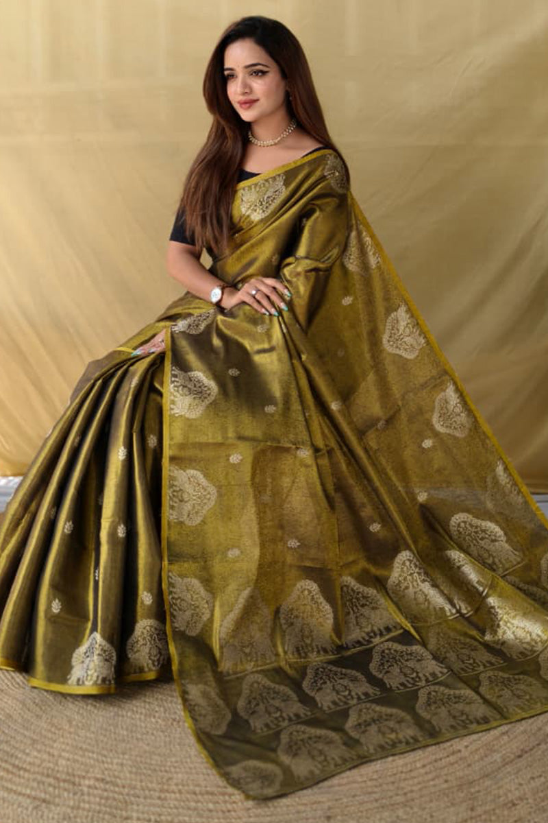 Murmurous Mehndi Banarasi Tissue Silk Saree With Chatoyant Blouse Piece
