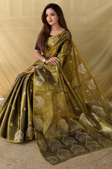 Murmurous Mehndi Banarasi Tissue Silk Saree With Chatoyant Blouse Piece