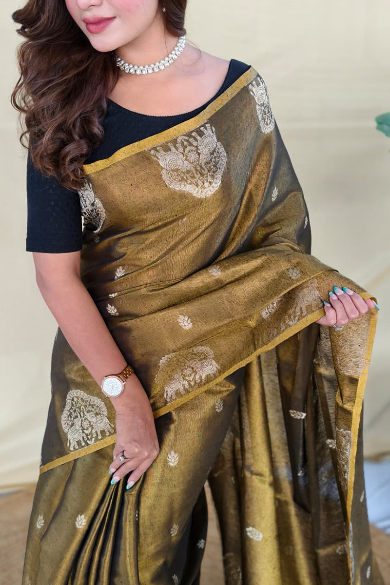 Murmurous Mehndi Banarasi Tissue Silk Saree With Chatoyant Blouse Piece