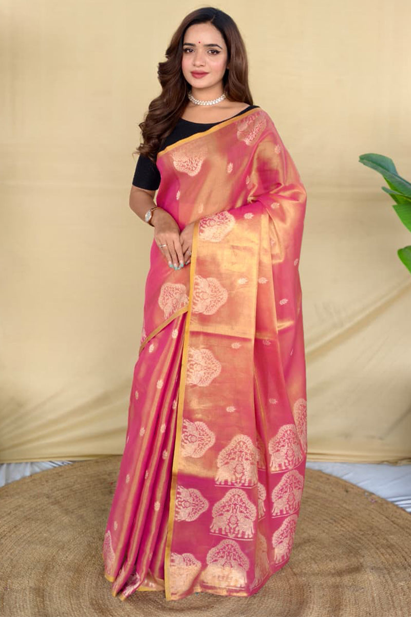Fairytale Pink Banarasi Tissue Silk Saree With Adorable Blouse Piece