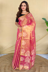 Fairytale Pink Banarasi Tissue Silk Saree With Adorable Blouse Piece