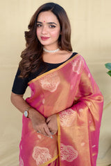 Fairytale Pink Banarasi Tissue Silk Saree With Adorable Blouse Piece