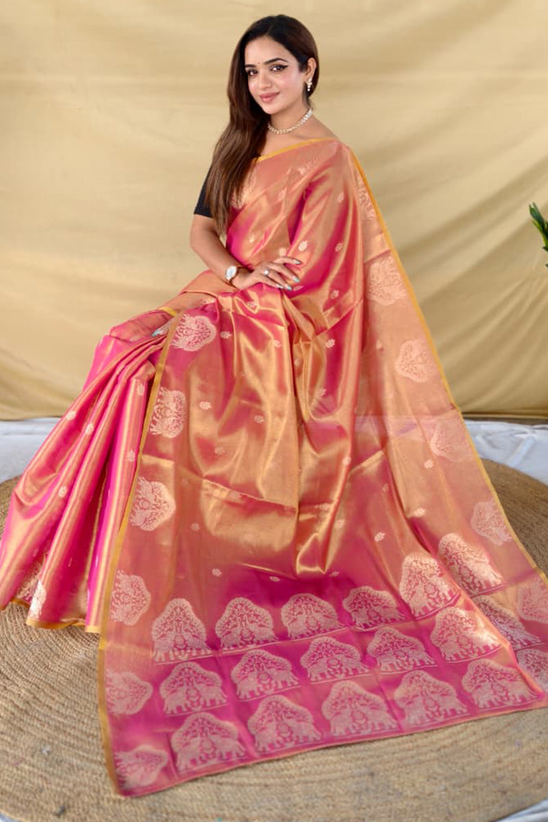 Fairytale Pink Banarasi Tissue Silk Saree With Adorable Blouse Piece