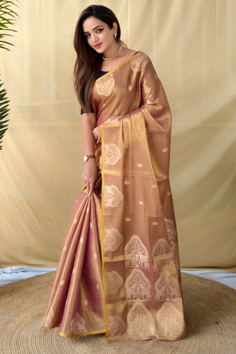 Delectable Wine Banarasi Tissue Silk Saree With Bewitching Blouse Piece
