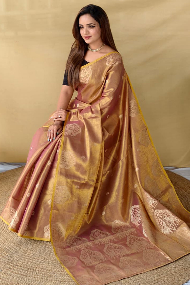 Delectable Wine Banarasi Tissue Silk Saree With Bewitching Blouse Piece
