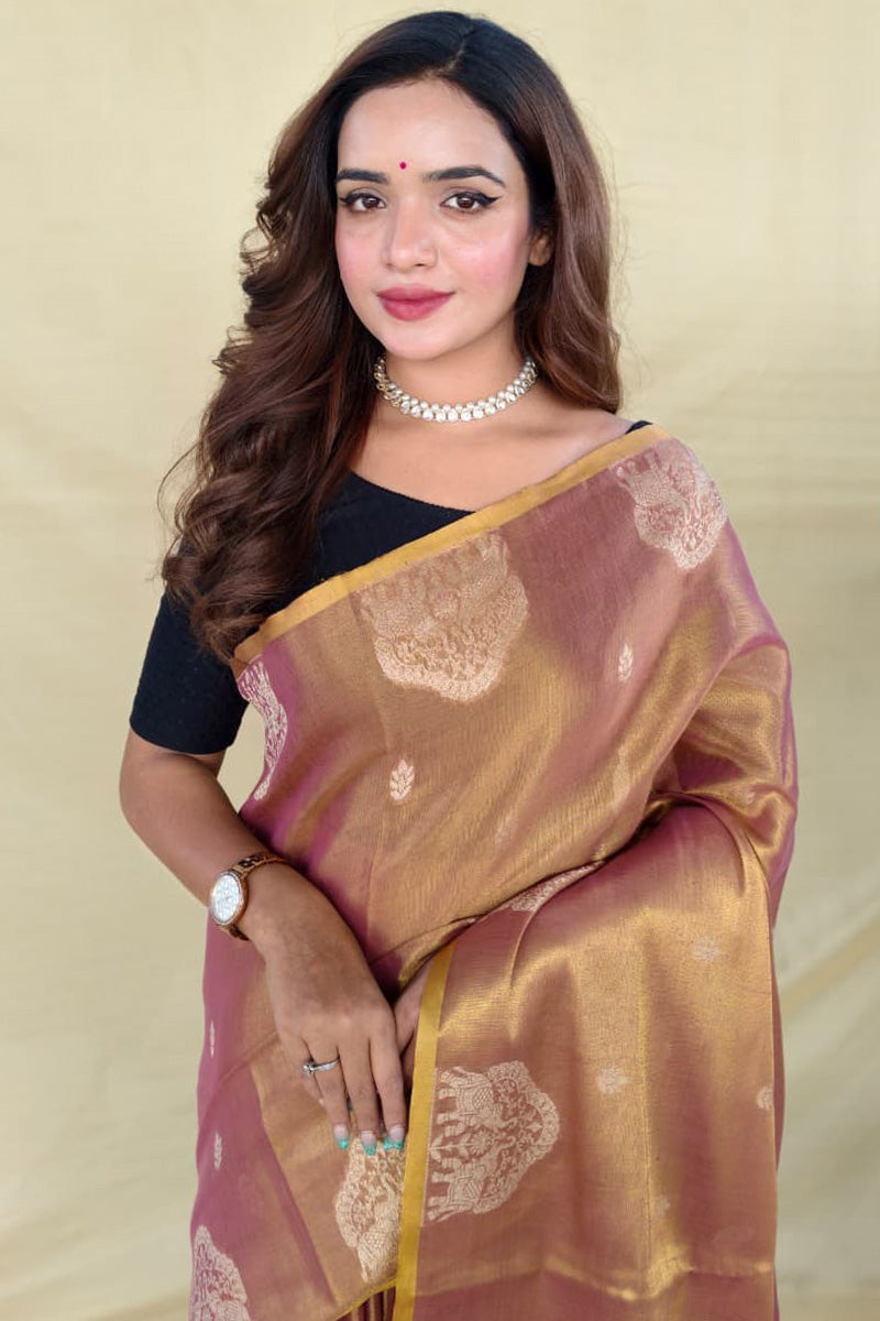 Delectable Wine Banarasi Tissue Silk Saree With Bewitching Blouse Piece