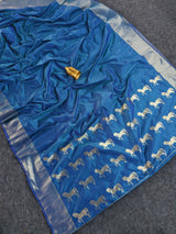 Delightful Blue Pure Zari Weaving Banarasi Silk Saree With Sonorous Blouse Piece