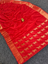 Splendiferous Red Pure Zari Weaving Banarasi Silk Saree With Prettiest Blouse Piece