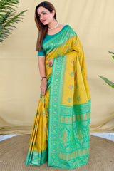Scrupulous Mustard Pure Zari Weaving Banarasi Silk Saree With Imaginative Blouse Piece