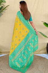Scrupulous Mustard Pure Zari Weaving Banarasi Silk Saree With Imaginative Blouse Piece