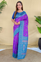 Ideal Purple Pure Zari Weaving Banarasi Silk Saree With Desuetude Blouse Piece