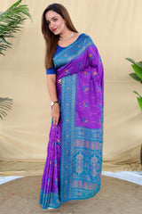 Ideal Purple Pure Zari Weaving Banarasi Silk Saree With Desuetude Blouse Piece