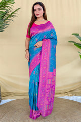 Ornate Rama Pure Zari Weaving Banarasi Silk Saree With Arresting Blouse Piece