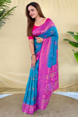 Ornate Rama Pure Zari Weaving Banarasi Silk Saree With Arresting Blouse Piece