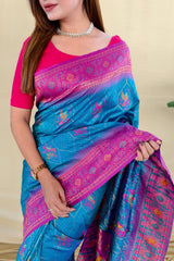 Ornate Rama Pure Zari Weaving Banarasi Silk Saree With Arresting Blouse Piece