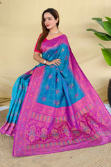 Ornate Rama Pure Zari Weaving Banarasi Silk Saree With Arresting Blouse Piece