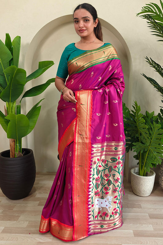 Lagniappe Dark Pink Paithani Silk Saree With Unique Blouse Piece